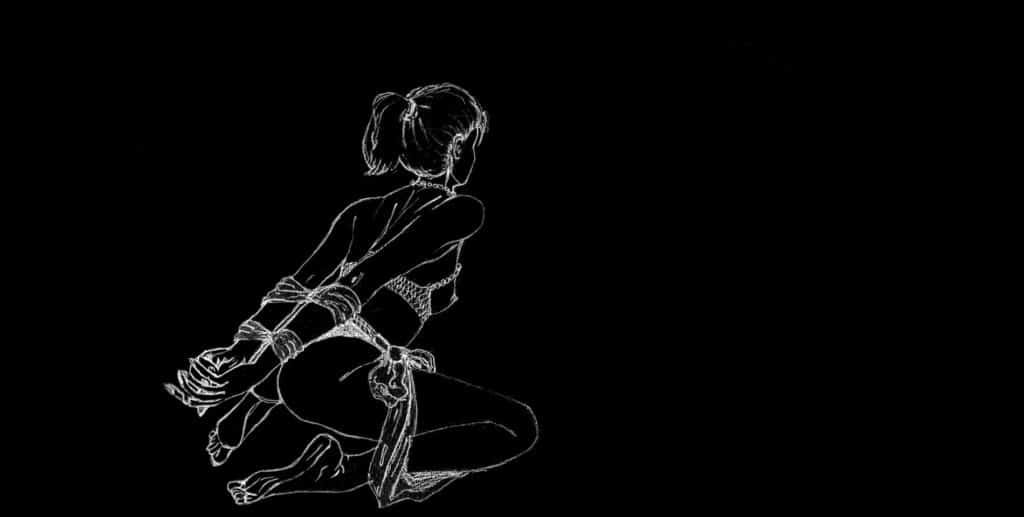 Рисунок коленопреклоненной женщины. Она привязана сзади. На ней открытый бюстгальтер, расшитый бисером, и трусики, на концах которых ткань завязана узлом.