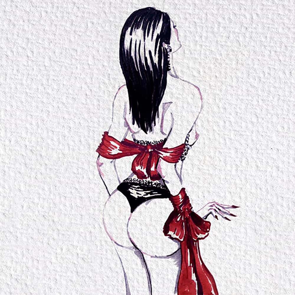 Bra Halter Lady in red of the brand BoundUp. It is a drawing of a woman whose hands are tied in the back by a large red fabric in the form of a bow. She wears a black panty and an open bra with black beads. She is from behind and her head is slightly tilted back.