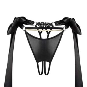 BOUND UP's Hunt Love Enjoy thong is open and has black lacing on the sides and a white beaded jewel on the front.