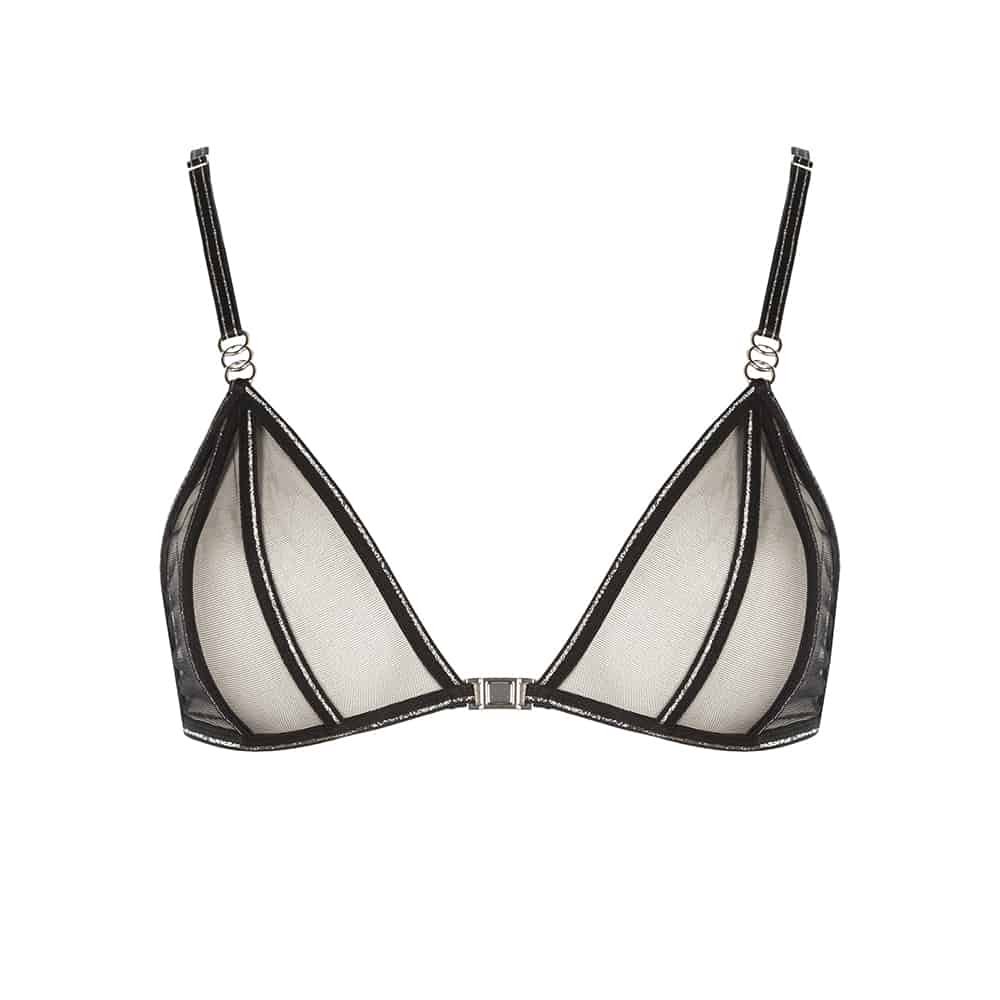 Manhattan collection by Bracli. Black bra cross Manhattan Lurex transparent and lace. The seam is highlighted by silver sequins.