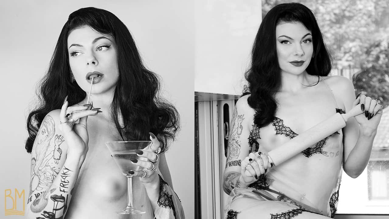 Montage of two photos of Julie Von Trash in a transparent kimono from the brand Ludique, taken by Studio Volua Paris. The photos are in black and white and were taken in a kitchen. On the first one, she is sitting on the counter and sipping a martini while on the second one she is holding a rolling pin.