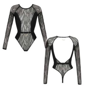 Black sensual wave bodysuit by Atelier Amour available at Brigade Mondaine. The bodysuit is transparent with thin black vertical waves in an ethnic inspiration. In the center there is a black belt that surrounds the bodysuit and in the middle of which is a gold chain.