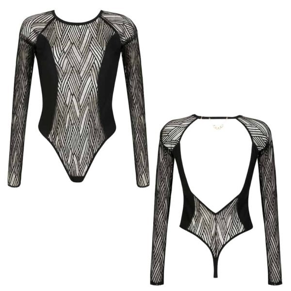 Black bodysuit Onde Sensuelle from the brand Atelier Amour available at Brigade Mondaine. The fabric is transparent black with black ethnic patterns except on the sides where the fabric is just black. It is open in the back and at the neck, the collar is thin and tight with a gold chain that passes through the middle front. The body is string.
