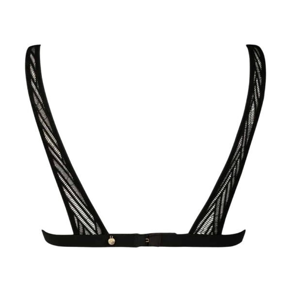 Black triangle support from the brand Atelier Amour available at Brigade Mondaine. The support is transparent with ethnic patterns. In the center at the level of the underwires, there is a small vertical gold chain.