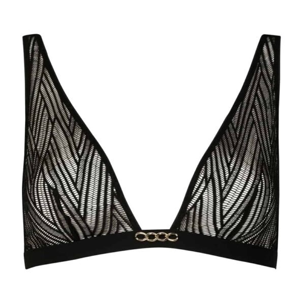 Black triangle support from the brand Atelier Amour available at Brigade Mondaine. The support is transparent with ethnic patterns. In the center at the level of the underwires, there is a small vertical gold chain.