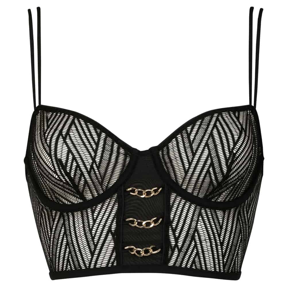 Bustier Black sensual wave of the brand Atelier Amour available at Brigade Mondaine. The bustier is transparent with thin black vertical waves. In the center there is black fabric and three small gold chains that cross this area.
