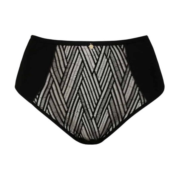 Black high waist open panties Onde Sensuelle from Atelier amour available at Brigade Mondaine. The panties are open and transparent with thin black vertical stripes. In the center of the back there is a gold chain just above the crack of the buttocks.