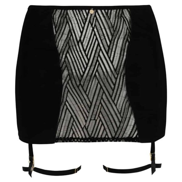 Черная открытая юбка Onde Sensuelle от бренда Atelier Amour в наличии в Brigade Mondaine. Боковые стороны юбки черные, а середина прозрачная с черными этническими узорами. Задняя часть юбки открыта.