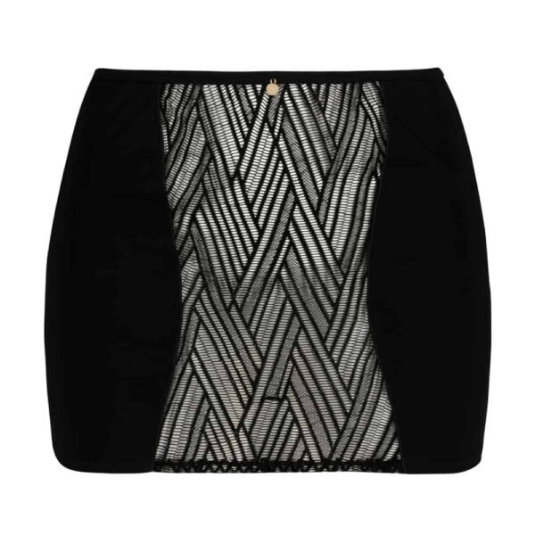 Black open skirt Onde Sensuelle from the brand Atelier Amour available at Brigade Mondaine. The sides of the skirt are black while the middle is transparent with black ethnic patterns. The back of the skirt is open.