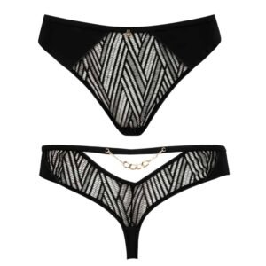 Black thong tanga Onde Sensuelle from the brand Atelier Amour available at Brigade Mondaine. The panties are transparent with ethnic patterns except on the ends. There is a chain in black that passes through the belt of the panties in the back.