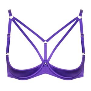 Open bra in purple silk from the brand Kaimin. The bra contains only a shell covering the bottom of the breast. A ring placed between the breasts allows to hold two elastics placed on the breast to the shoulders. At the back the bra is simple and clasps