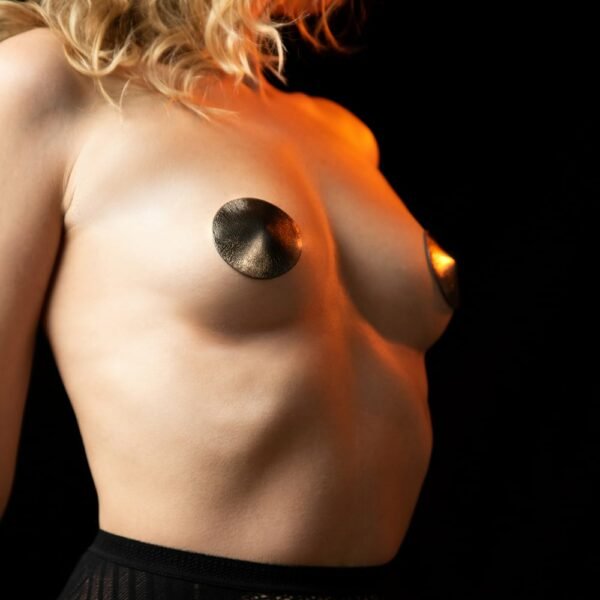 ASCHE & GOLd black leather nipple cover at brigade mondaine. In the shape of a cone