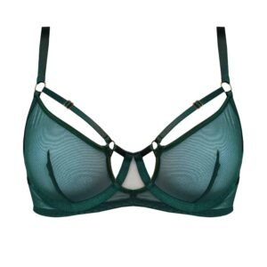 Balconette bra from the Kora collection at Bordelle. This bra is green eden color and composed of satin elastic and thin elastic. The shape of the bra is balconnet two fine adjustable elastics are placed on the top of the chest. A circular shape is present at the level of the solar plexus to let the birth of the breasts. In the back a wide elastic is embellished with two thin elastic placed below and above him. The back closure is a zip whose hook is embossed with the logo of the brand Bordelle.
