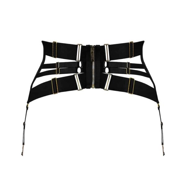 Suspender belt from the Kora collection at Bordelle. This suspender belt offers optimal support thanks to its double chevron shape made of elastic. One thick chevron ends at the pubic area and a second one in the other direction made of a single wide elastic, points to the navel. This product is equipped with four elastics allowing the hooks to the garters. They are placed exclusively on the front and hips. They are removable with small hooks embossed with the brand name Bordelle leaving the product as a simple belt. At the back, the product is removed through a zipper whose puller is also embossed with the brand name Bordelle. Two thick elastics form the back support and are embellished in their center with two thinner elastics. All these elastics are adjustable and equipped with small golden rings.