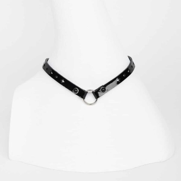 Laser-cut leather necklace glossy black patent leather, crystal rivets edged with black pearl silver and silver-plated metal trim, embossed brand logo.