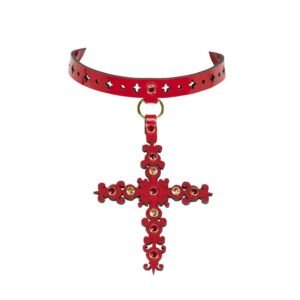 Original Sin Rosso red choker, made entirely by hand and to order in the brand's Berlin workshops, from laser-cut patent leather and encrusted with red Swarovski® crystal. The Rosso choker is the perfect statement piece!  Cross and choker in glossy red patent leather laser cut SWAROVSKI® Gold & Red Siam Crystal Gold Trim Rivets Large gold plated lobster clasp