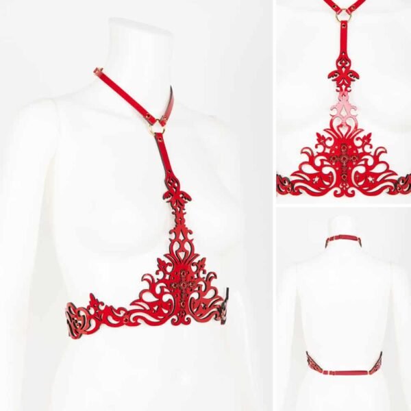 The Underbust Rosso Harness is entirely handcrafted from laser-cut red patent leather and high-quality red crystal rivets; the SWAROVSKI® encrusted leather Underbust Rosso Harness is a luxury fetish accessory designed to be seen.