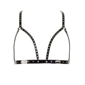 Drive men crazy with desire with this cage bra, totally open to leave your chest bare. Harness style, this piece is molded in high quality Italian patent leather and embellished with golden brass rivets. A chic creation to wear topless with or without nipples or over your favorite top for a wild evening...